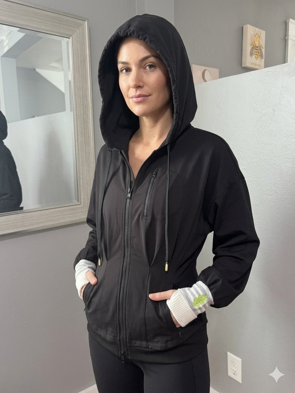 Free People Movement Black Double Corset Knit Cuffs Full Zip Hooded Jacket Med